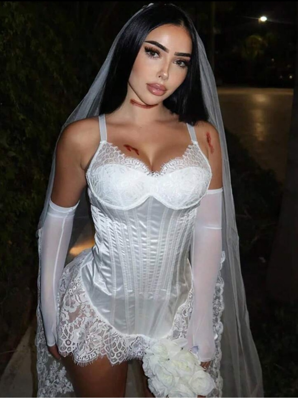 White Satin Lace Zombie Bride Halloween Cosplay 3 Piece Outfit, Corset Halloween